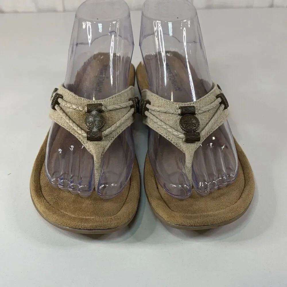 Minnetonka Silverthorne 360 Womens Beige Flip-Flops Sandals Beads Shoes 9